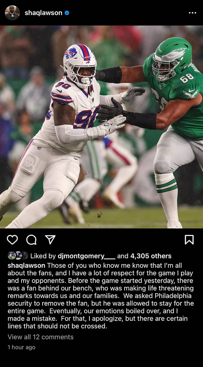 Bills defensive end Shaq Lawson says Eagles fan made life-threatening remarks.